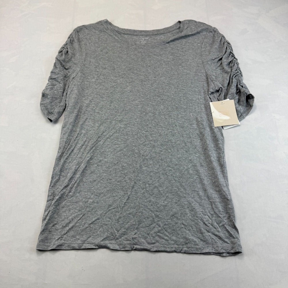 14th & Union T-Shirt Womens S Gray Ruched Sleeve Crew Neck Pullover Summer Tee